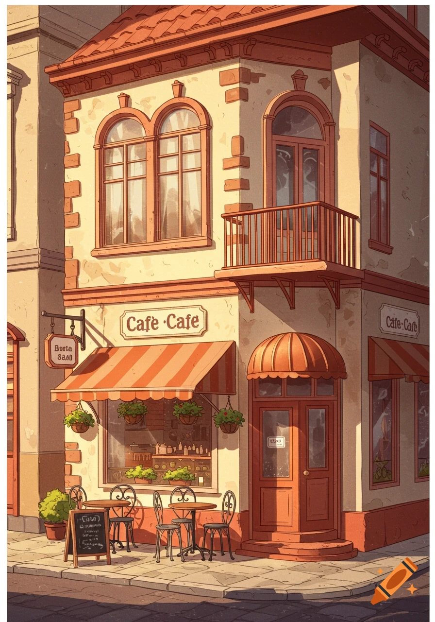 Illustration of a corner cafe building with outdoor tables and awnings in a warm, sunny style.