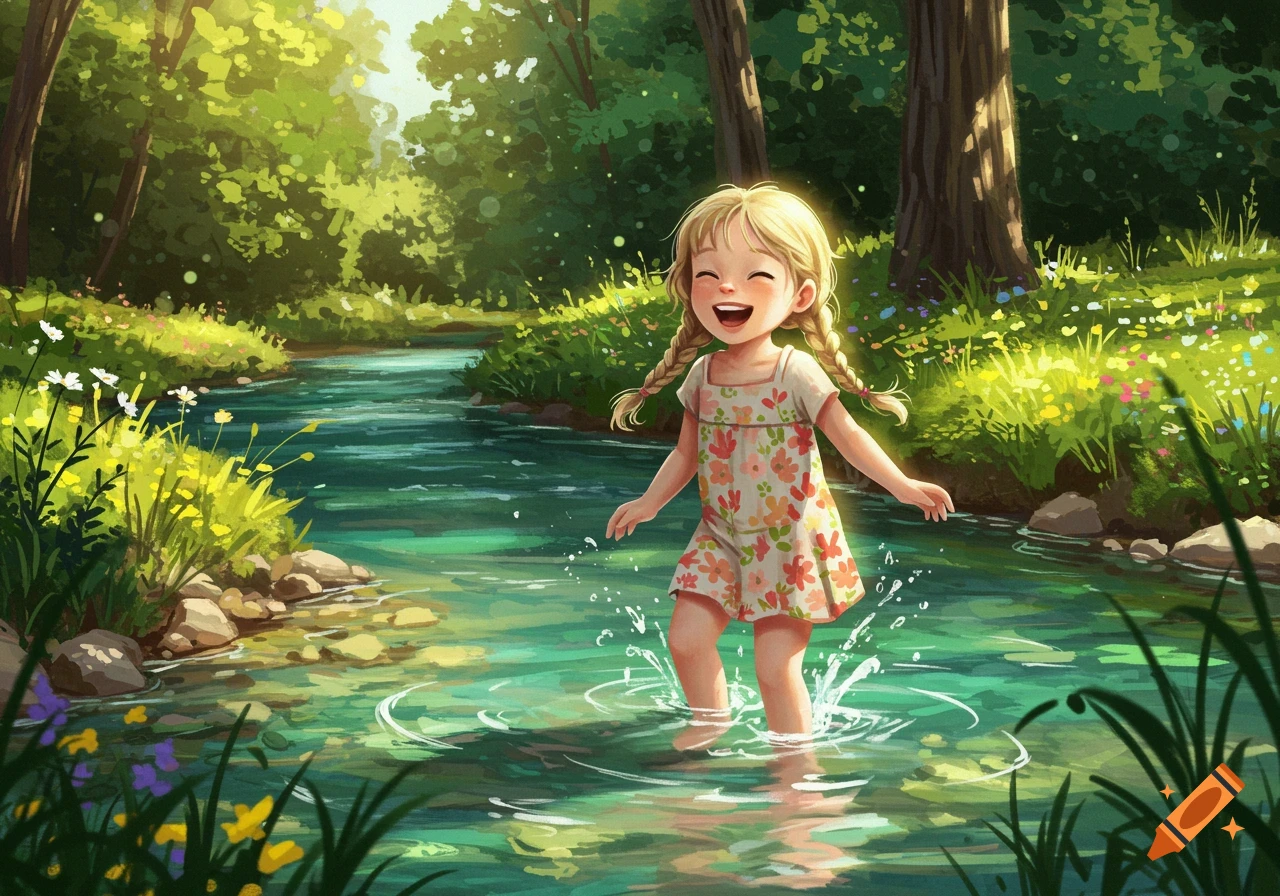 A happy little girl with pigtails splashes in a shallow river in a sunlit forest.