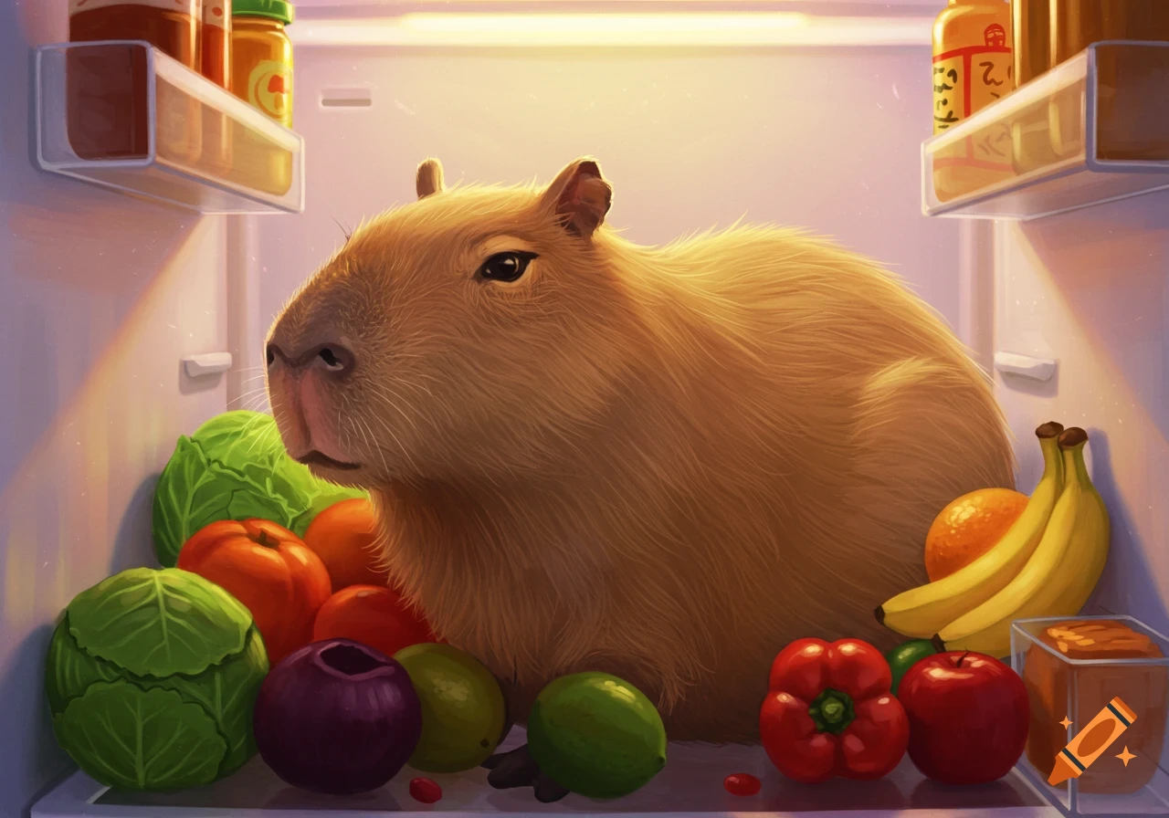 A capybara sits in a fridge surrounded by fruits and vegetables.