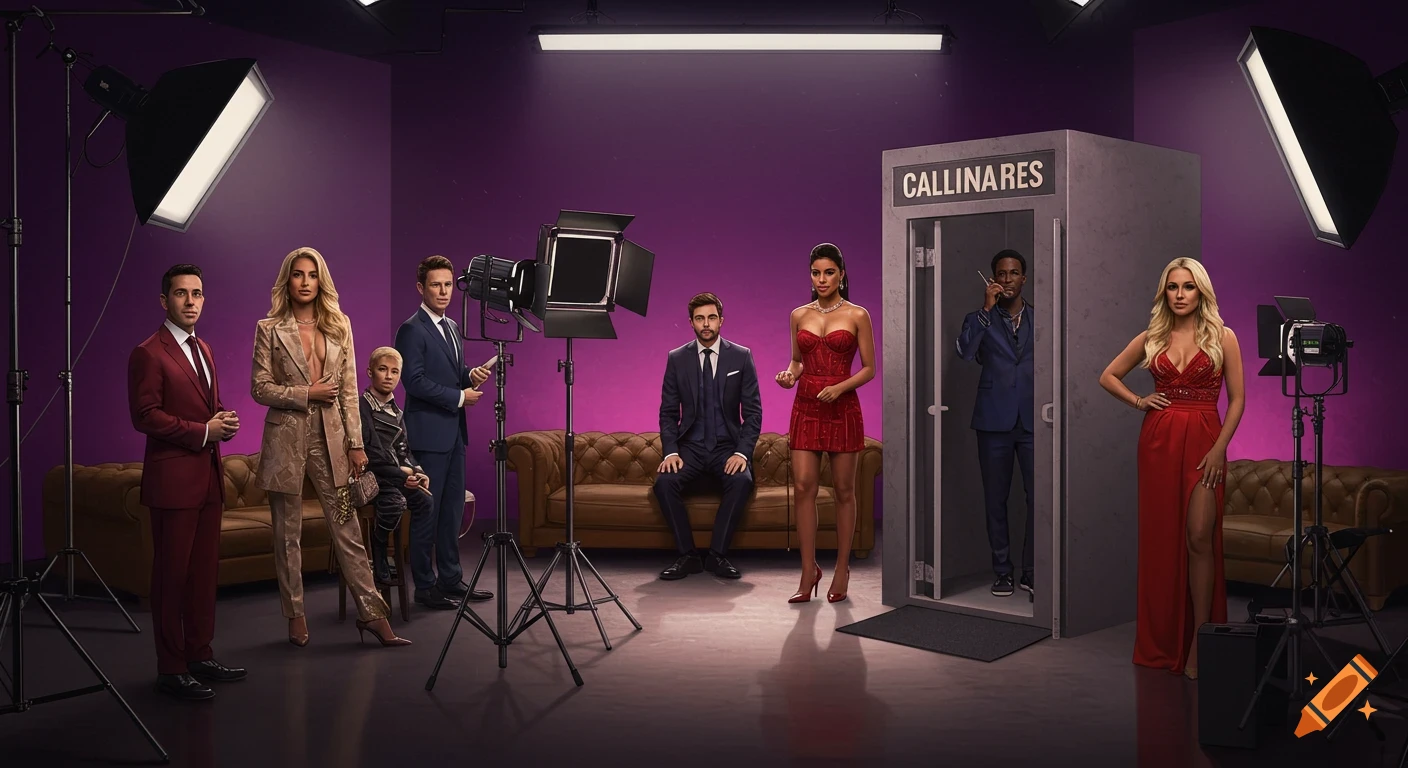 Group of people in expensive outfits posing in a studio with production lighting and a confessional booth.