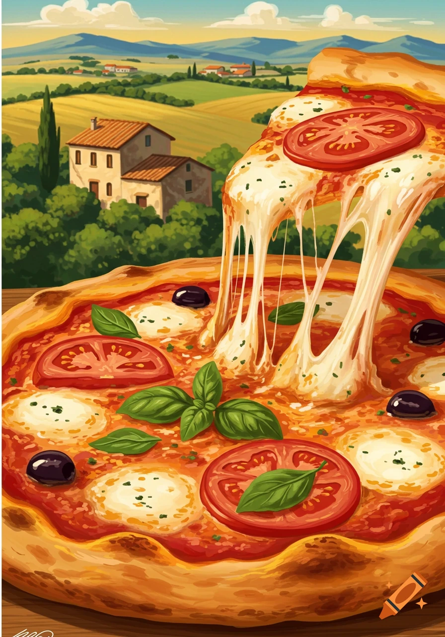 Pizza slice with cheese pull over a full pizza, stylized Tuscan landscape background.