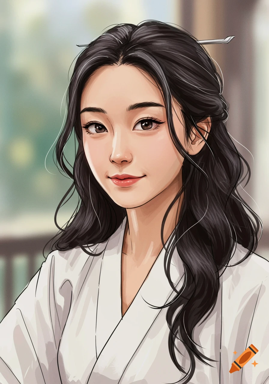 Portrait of a young Asian woman in a white robe, digital art style.