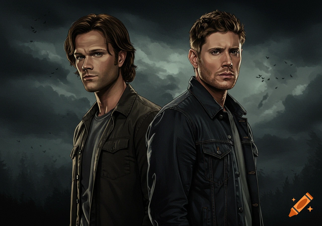 Stylized portrait of Sam and Dean Winchester from Supernatural against a dark sky.