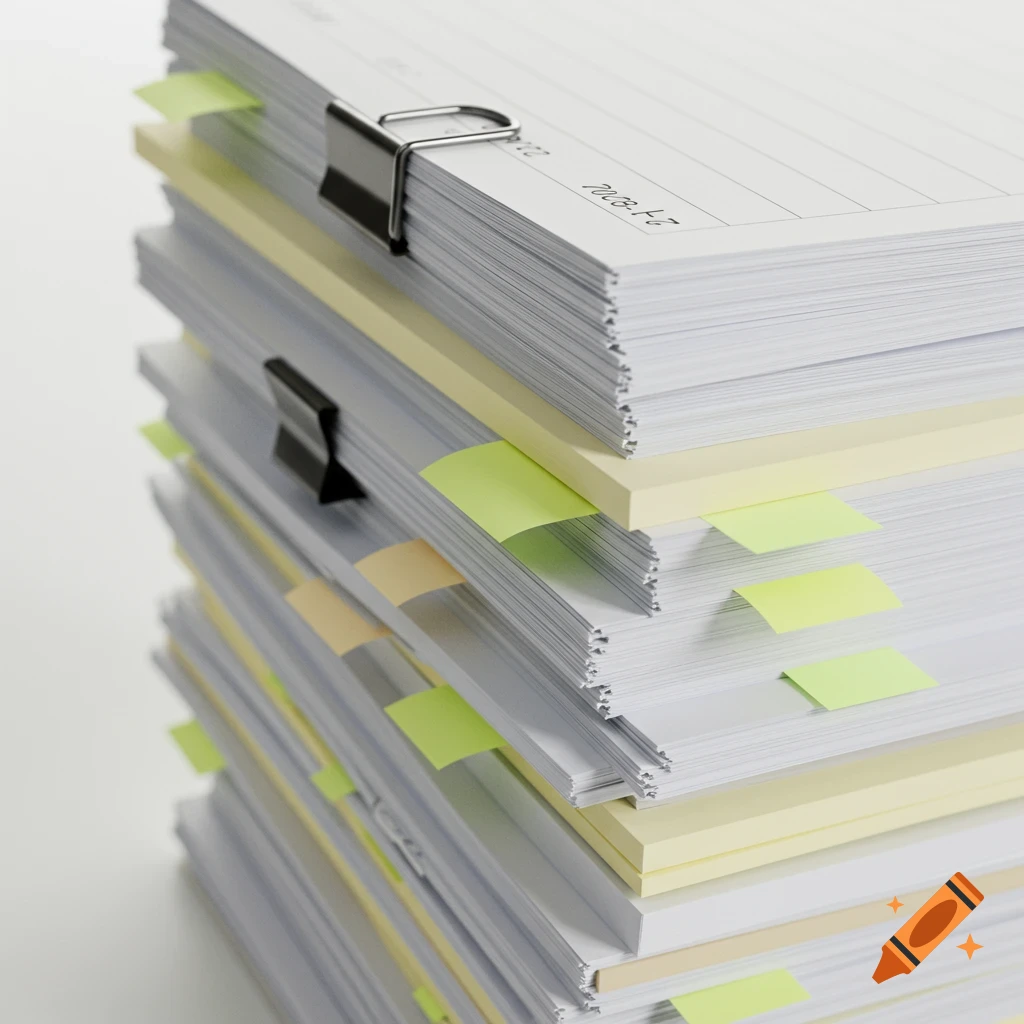A tall stack of white and yellow papers with green and orange sticky notes and black binder clips.