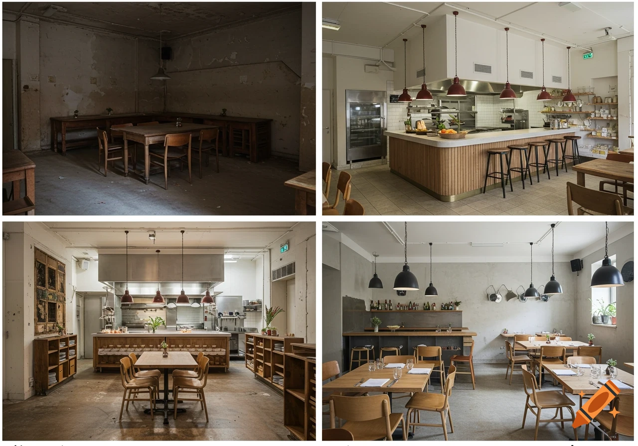 Four panel image showing restaurant/kitchen interiors before and after renovation.
