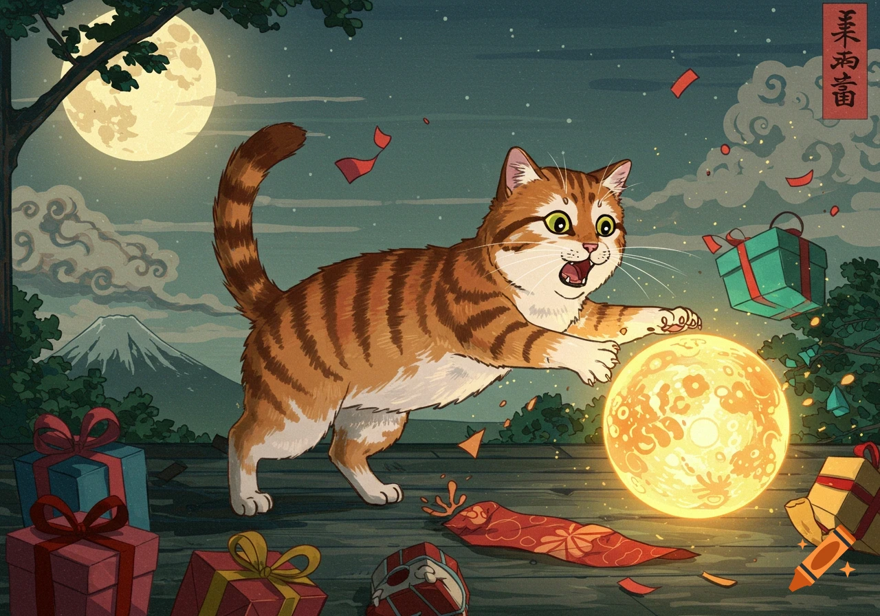 A surprised ginger cat paws at a glowing orb surrounded by presents under a full moon in a Japanese woodblock print style.
