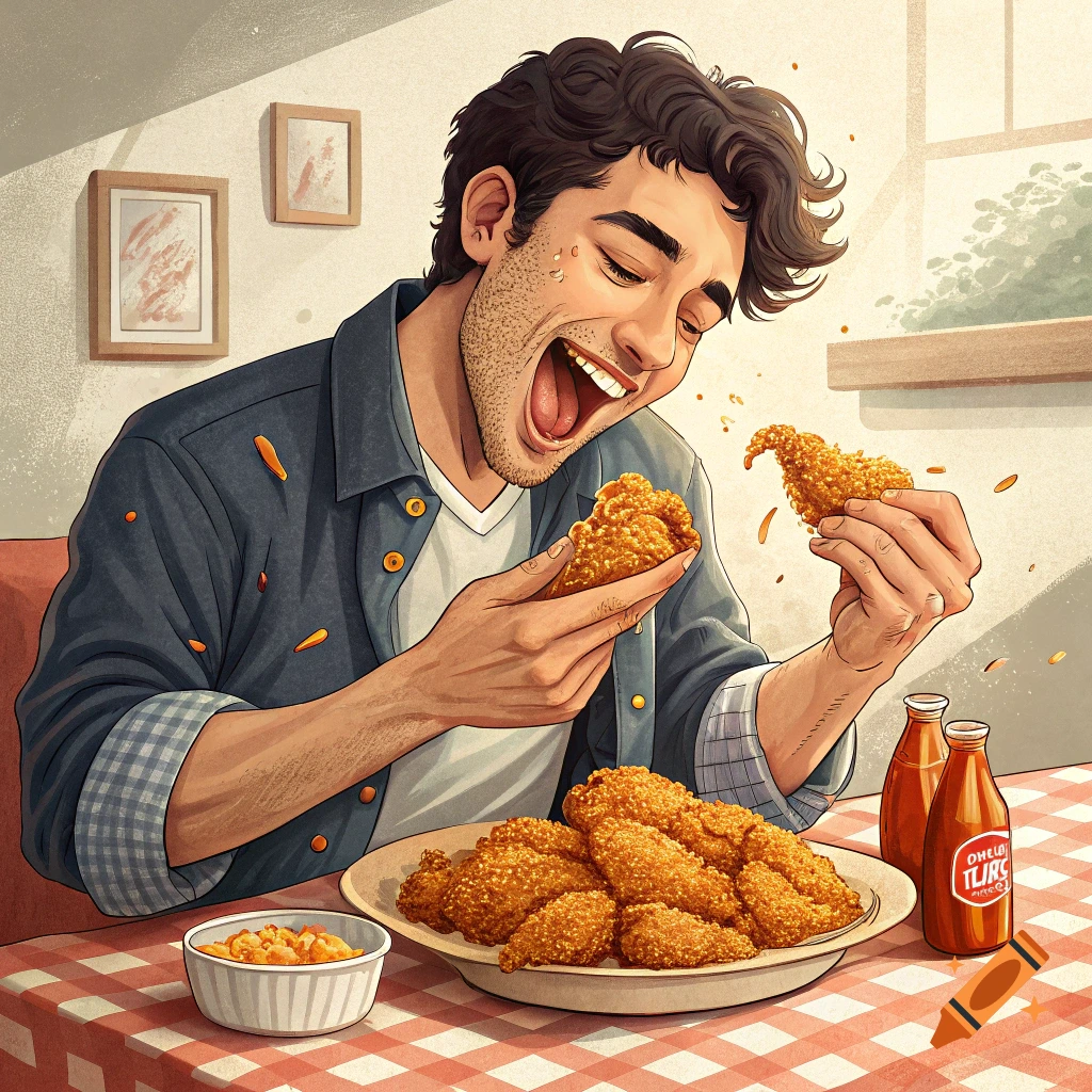 A man enthusiastically eats fried chicken at a table with sauce bottles. Illustrated style.