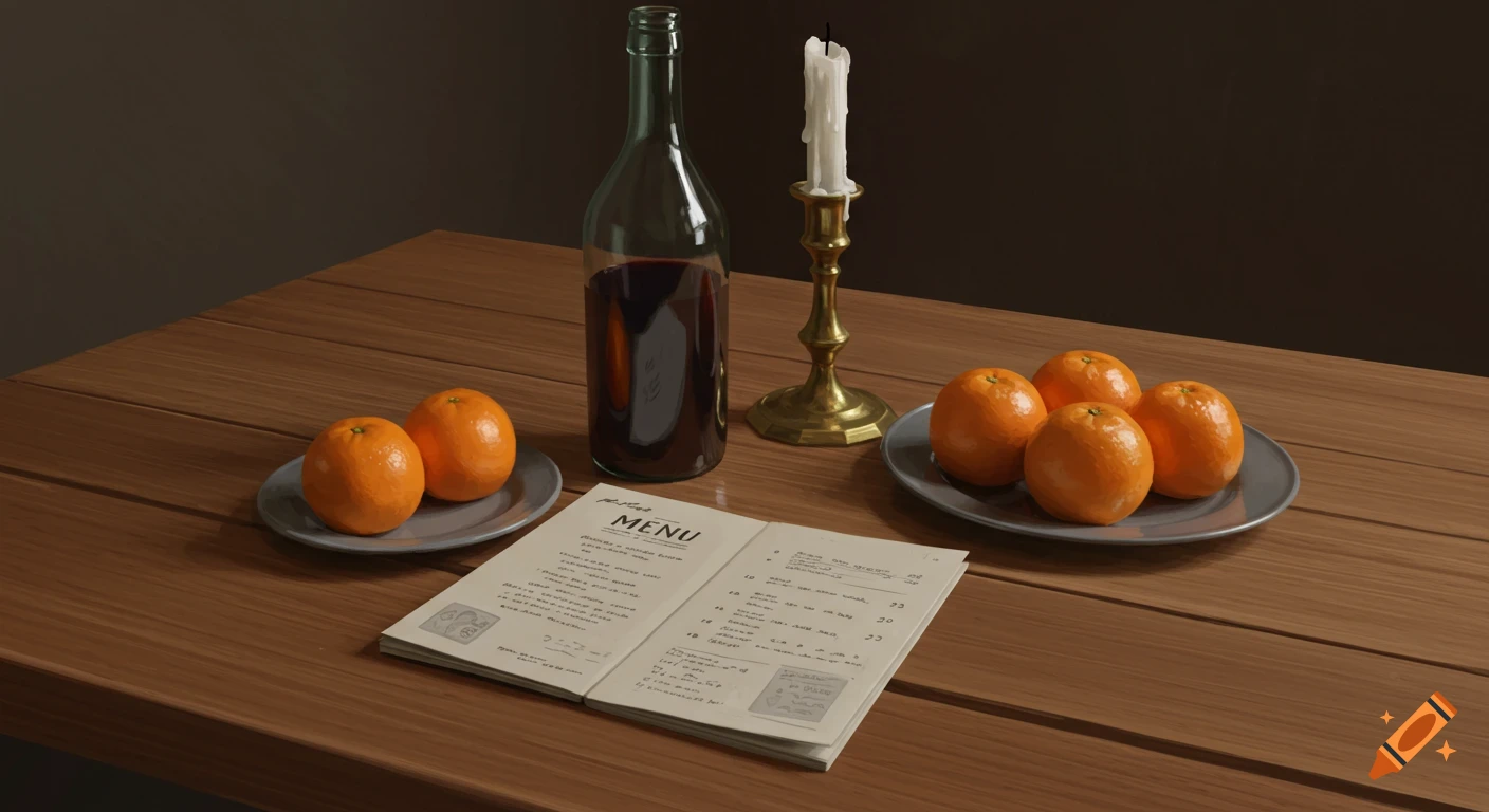 Still life painting of a wooden table with a wine bottle, oranges, candle, and menu book.