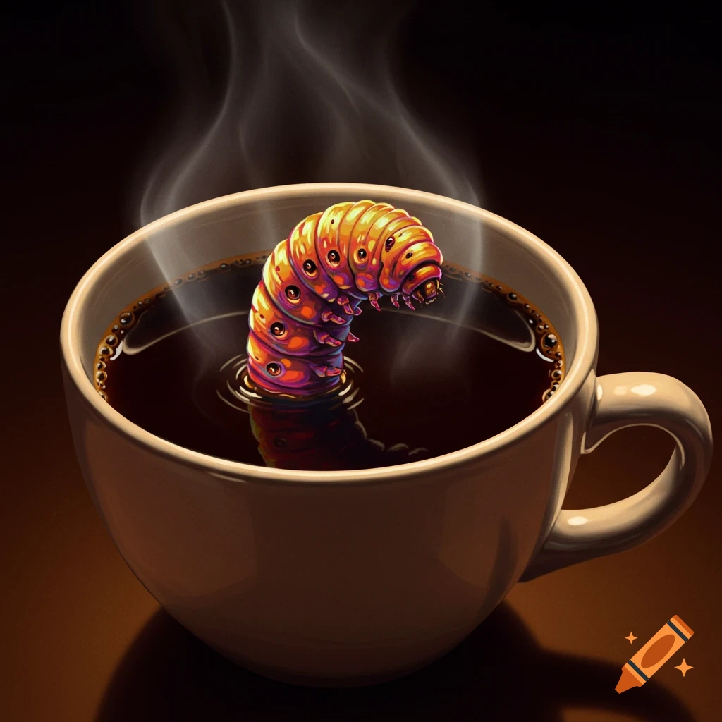 A large colorful caterpillar-like creature emerges from a steaming cup of coffee.