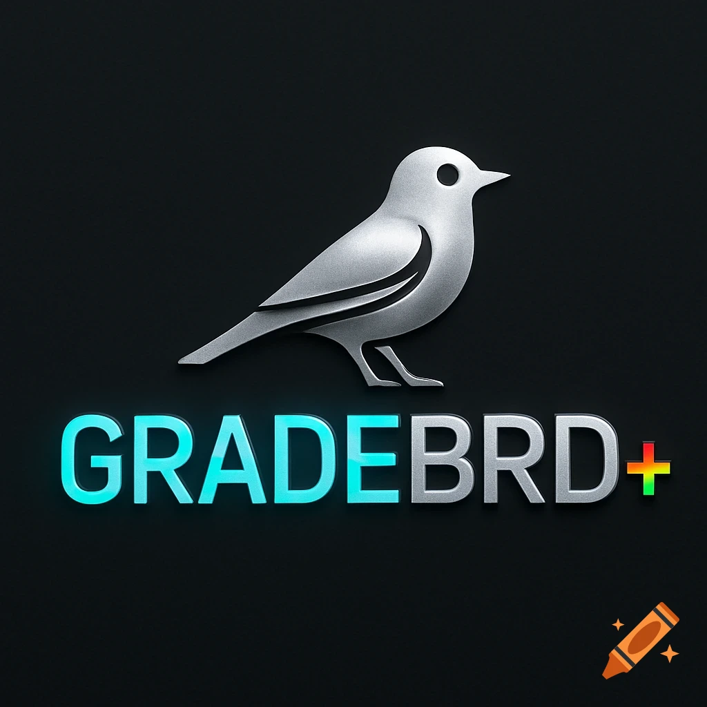 Metallic silver bird logo above text 'GRADEBRD+'. 'GRADE' is neon blue, 'BRD' is silver, '+' is RGB gradient on black background.