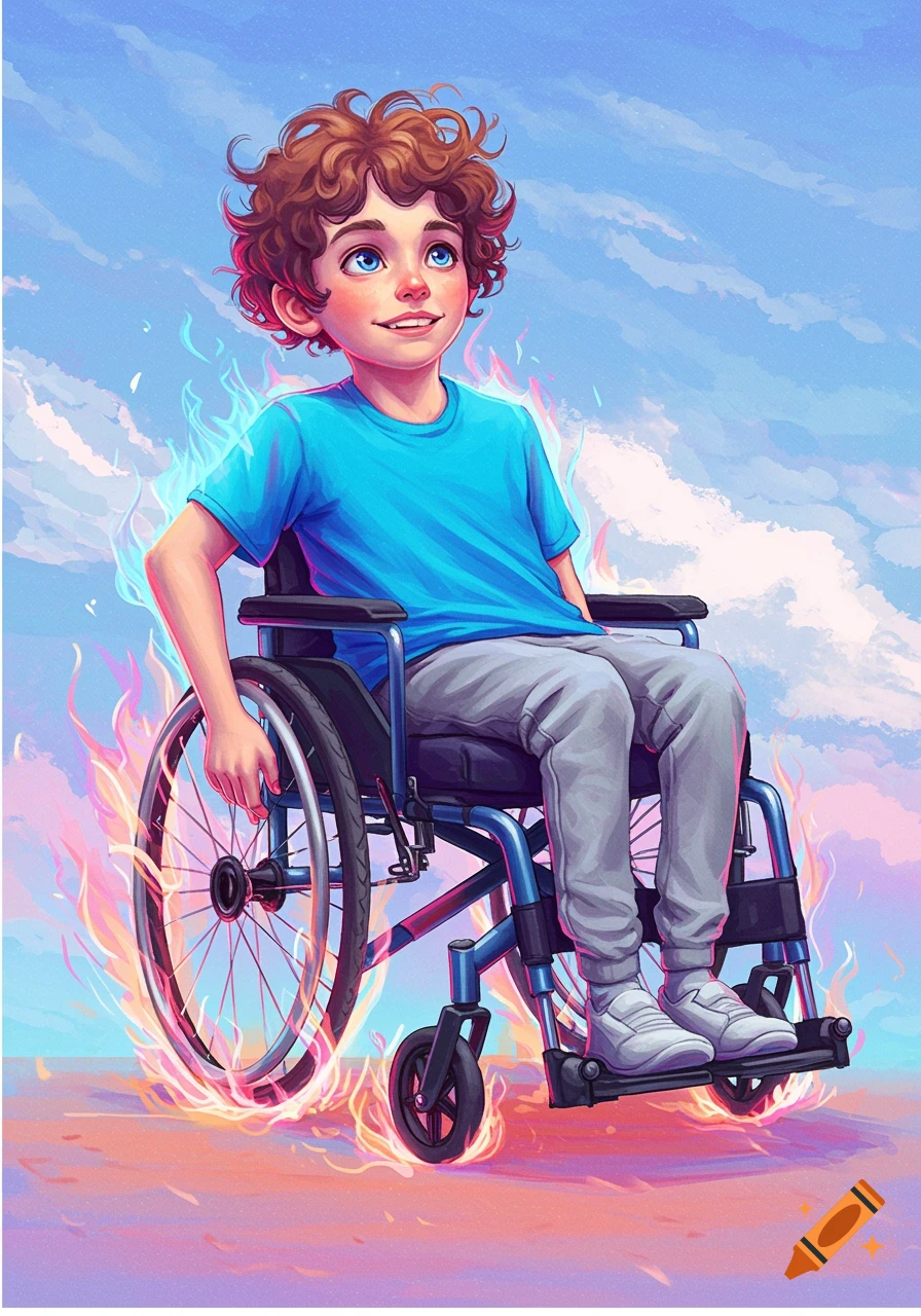 Illustration of a boy in a wheelchair surrounded by colorful flames under a bright sky.