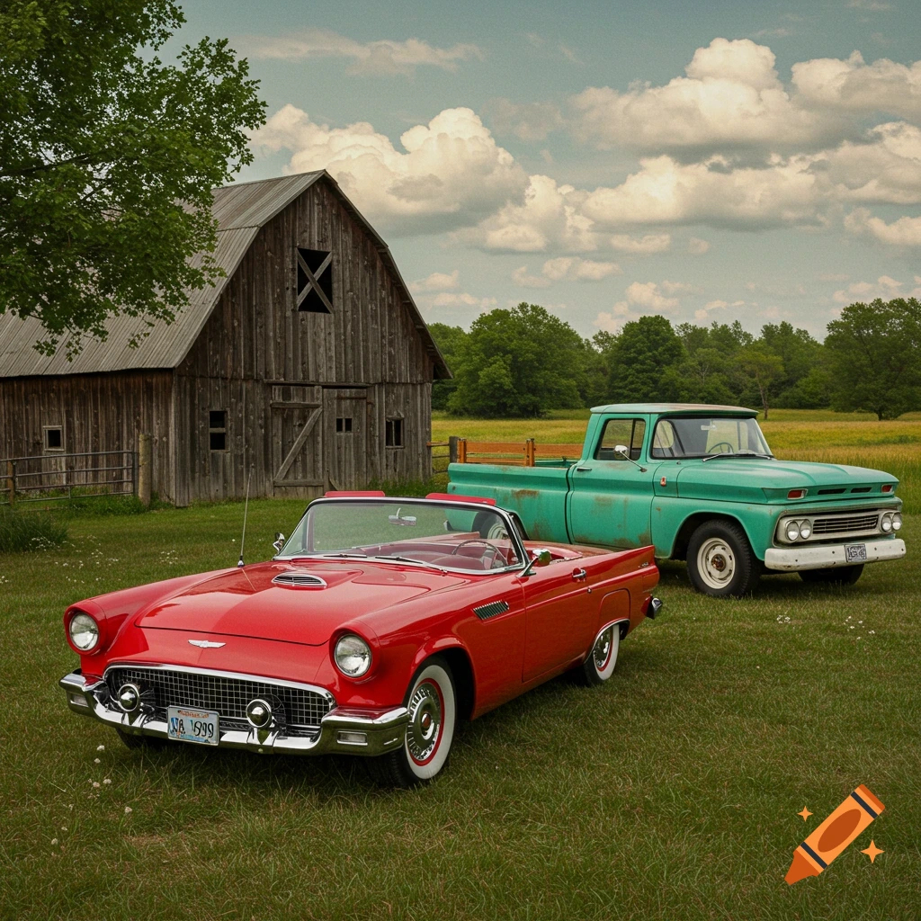 A red classic convertible car and a teal classic pickup truck parked on grass in front of a wooden barn under a cloudy sky.