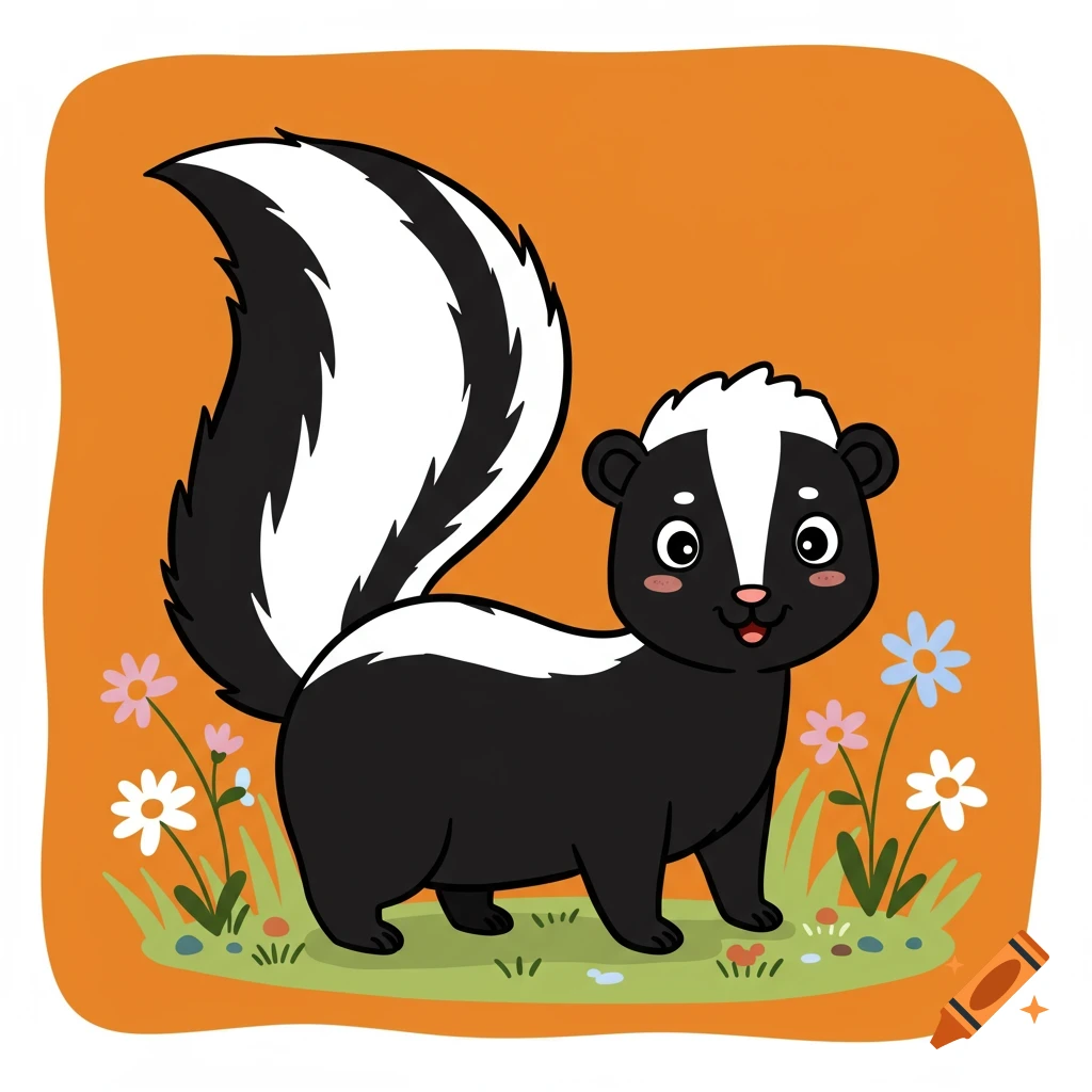 A cute cartoon skunk stands in a field of flowers on an orange background.