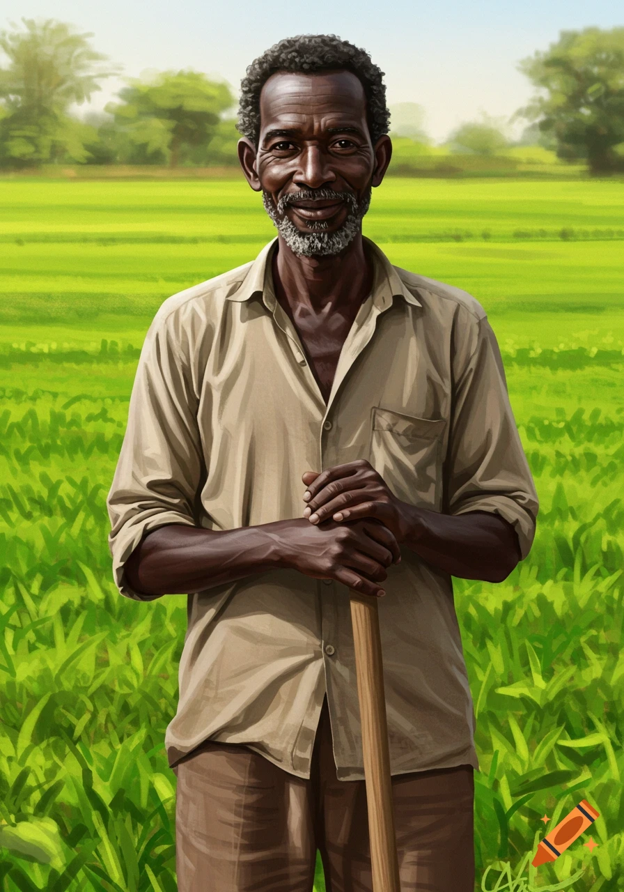 Portrait of a smiling farmer with a beard holding a shovel in a lush ...