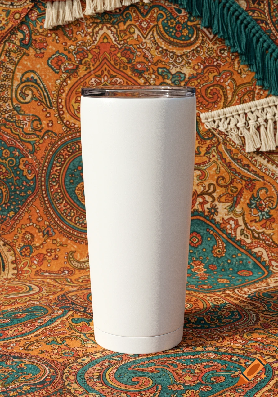Blank white tumbler against a colorful paisley background with fringe.