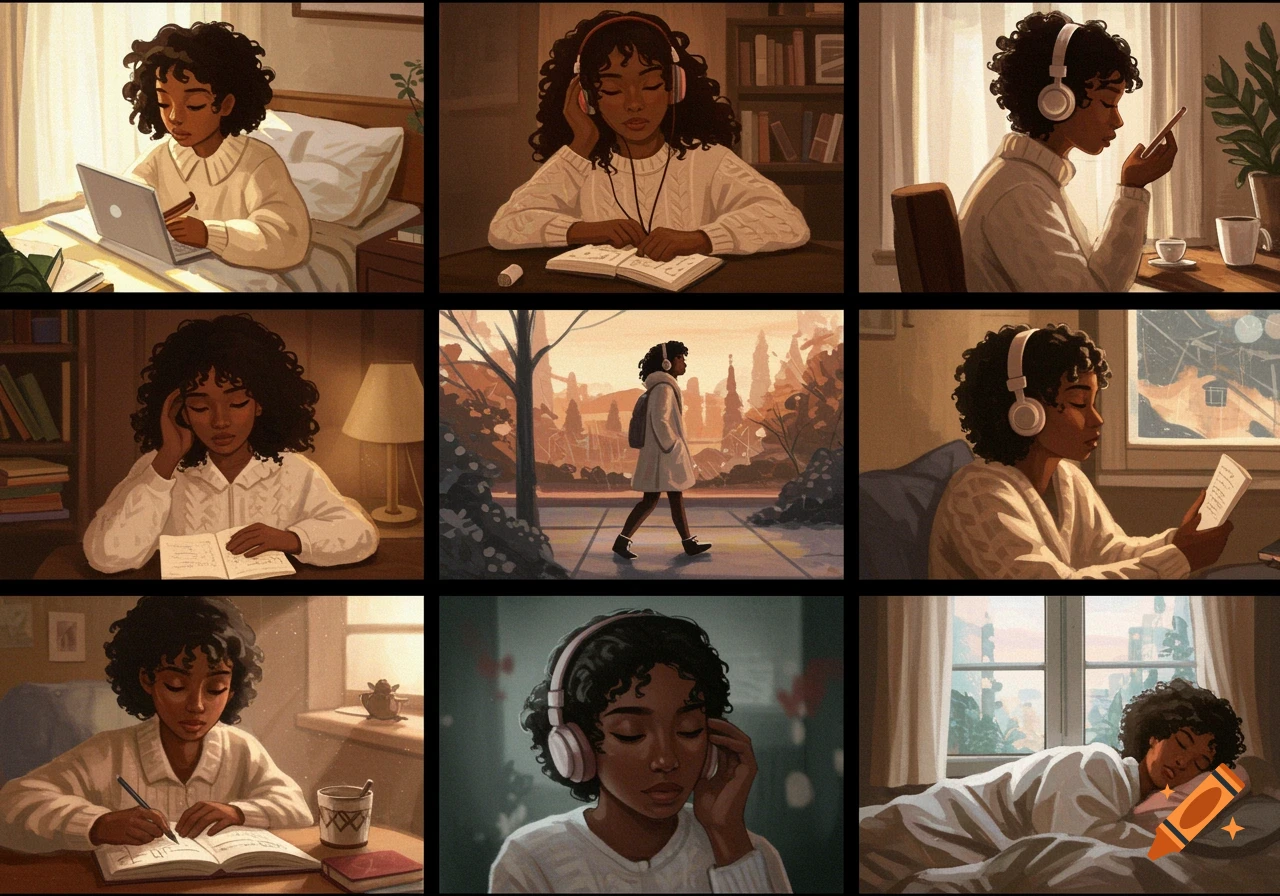 Grid of illustrations showing a Black woman studying, walking, listening to music, and sleeping in cozy, atmospheric scenes.