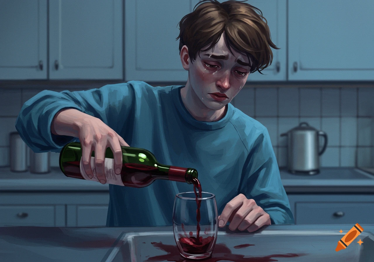 Digital painting of a crying person pouring wine in a kitchen, spilling on the counter.