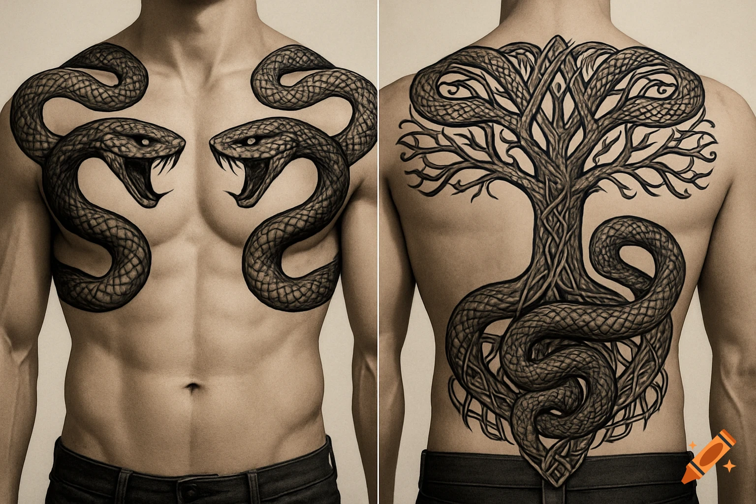 Male torso with black ink snake tattoos on chest and back, including a snake entwined around a tree on the back.