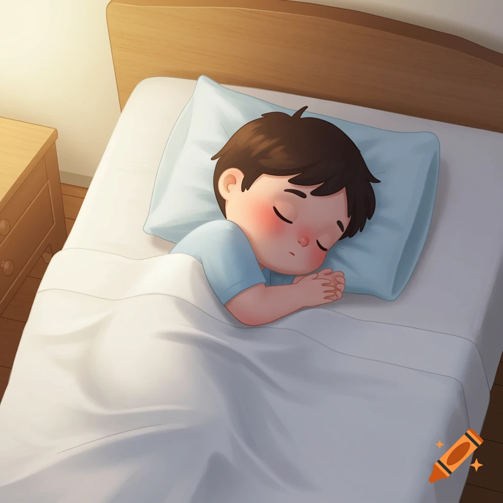 A cartoon boy sleeping peacefully in bed.