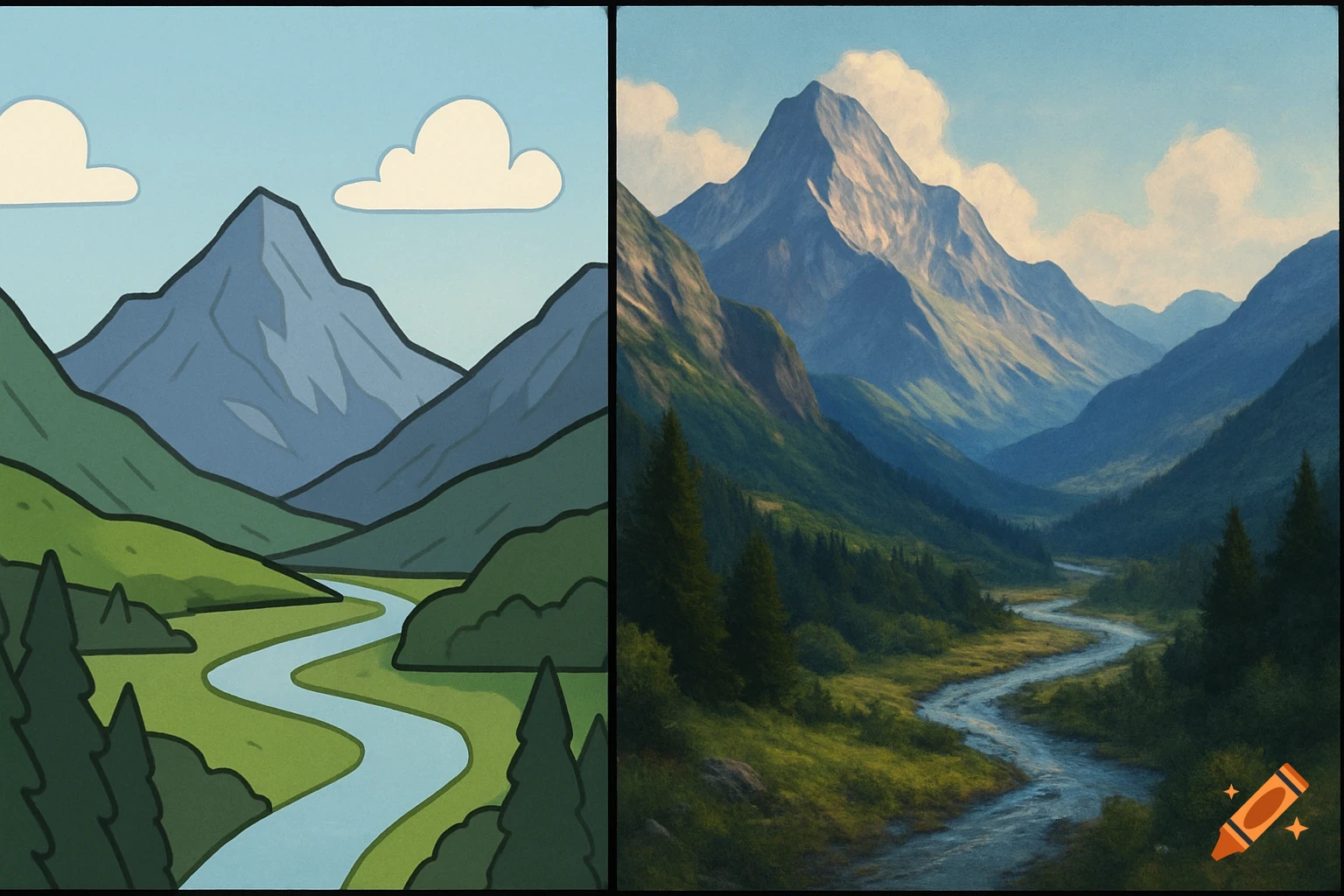 Side-by-side comparison of a mountain valley landscape; one half is simple and cartoonish, the other is a detailed, realistic digital painting.