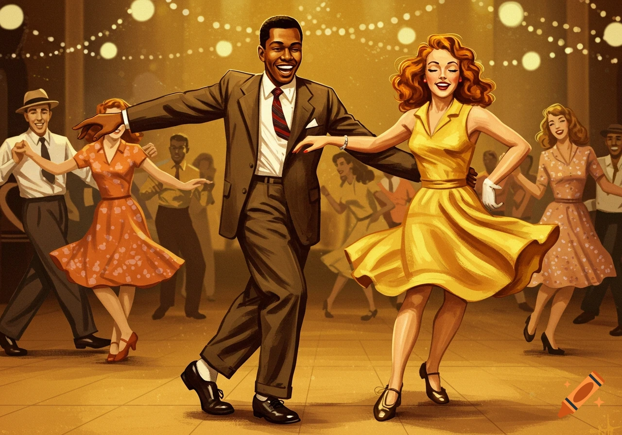 An illustration of people swing dancing lindy hop under string lights.
