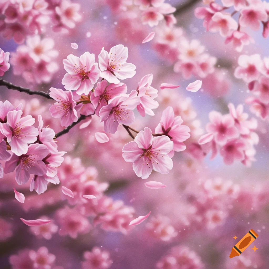 Close-up of pink cherry blossoms on a branch with petals falling.