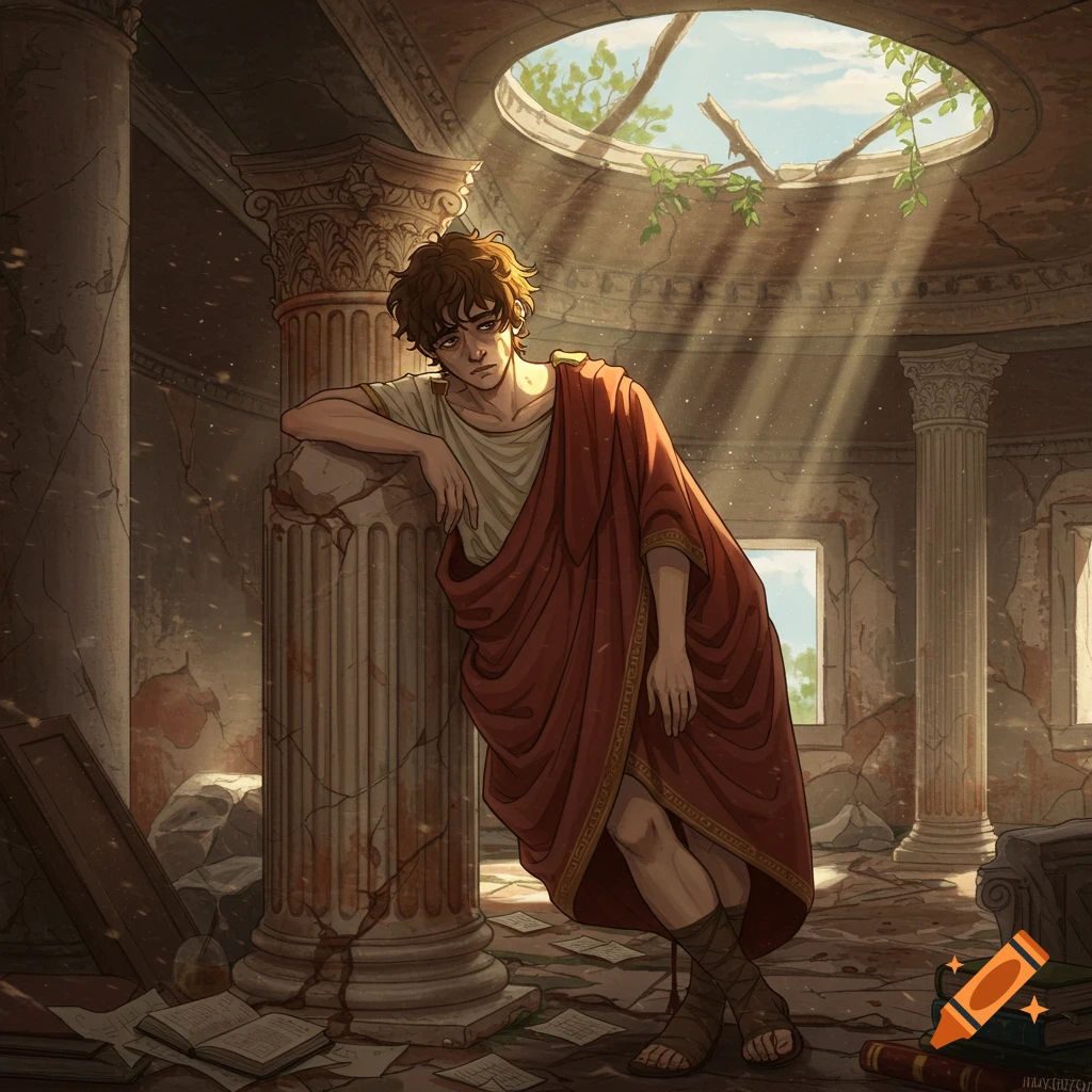 A young man in a toga leans against a broken column in a ruined classical building, bathed in sunlight.