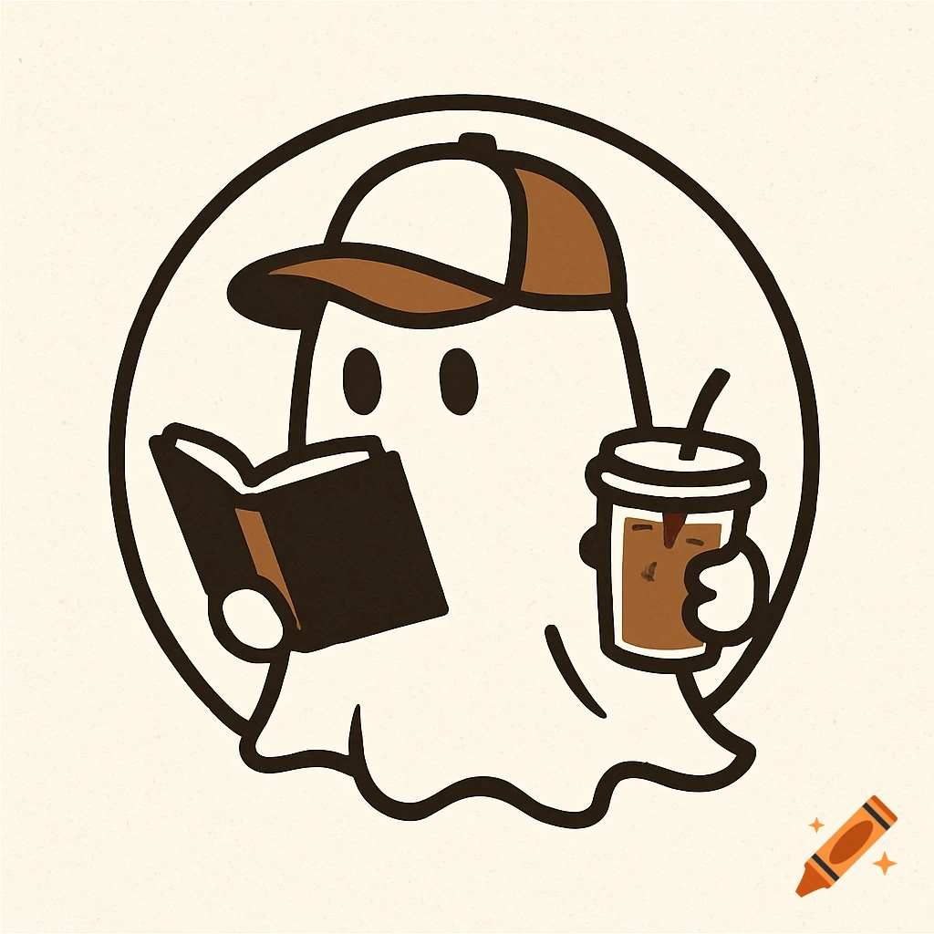 A cartoon ghost wearing a baseball cap, reading a book, and holding an iced coffee within a circular logo.