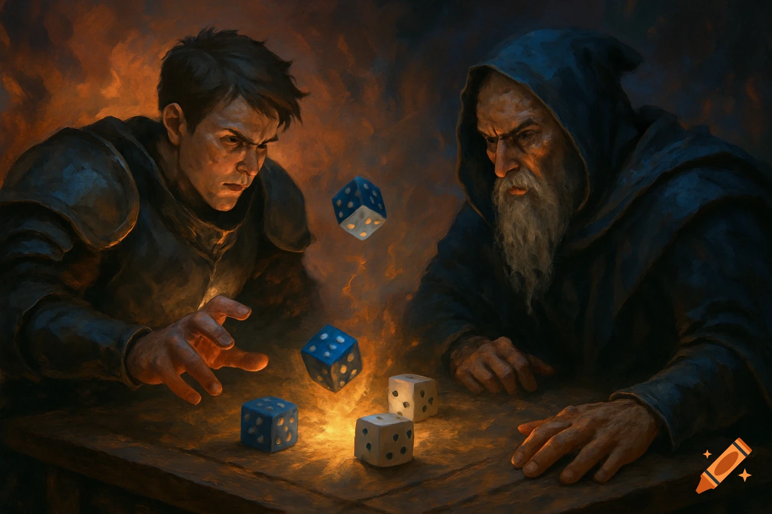 Two figures, possibly knight and wizard, play a dice game with dramatic lighting in a painterly style.
