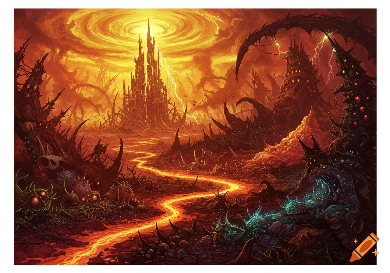 Detailed dark fantasy art of a fiery hellscape with a central spire, winding lava river, and grotesque creatures.