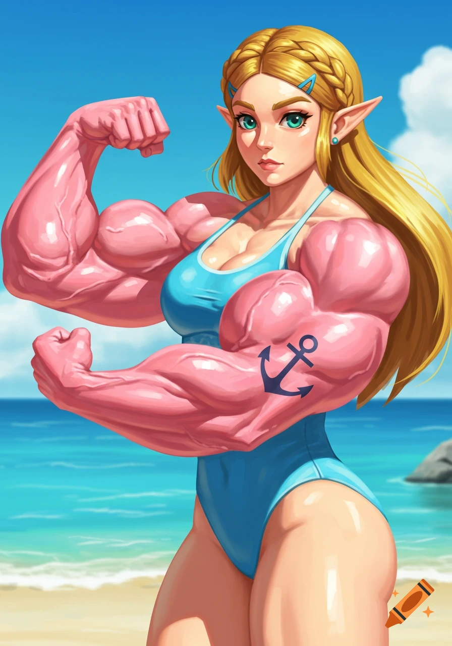 Muscular anime Princess Zelda in a blue swimsuit flexing on a beach.