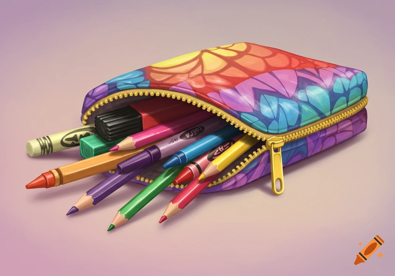 A colorful pencil case filled with pencils, crayons, and an eraser.