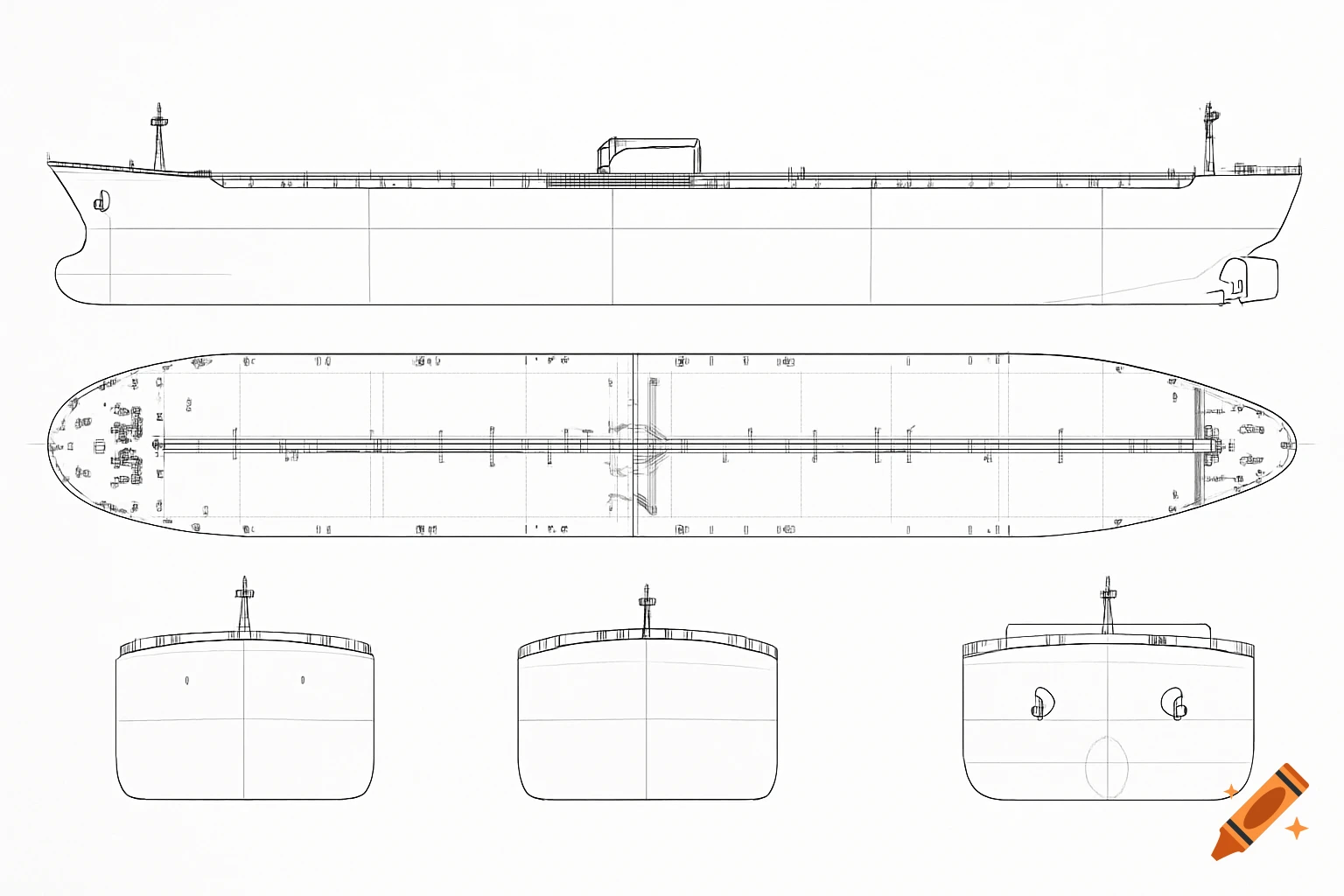 Technical drawing showing multiple views of a large crude carrier ship.