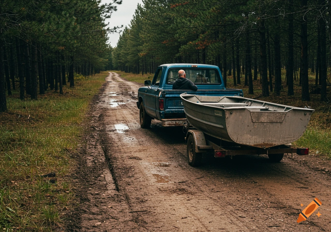 A blue pickup truck pulls a boat down a muddy road through a forest.