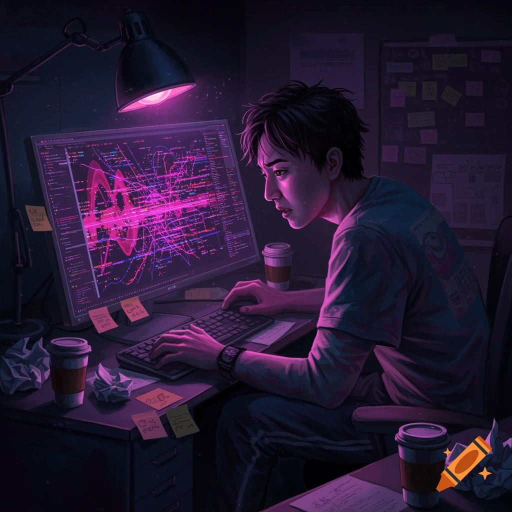 Young person intensely working on a computer at night desk, surrounded by coffee cups, under purple light.