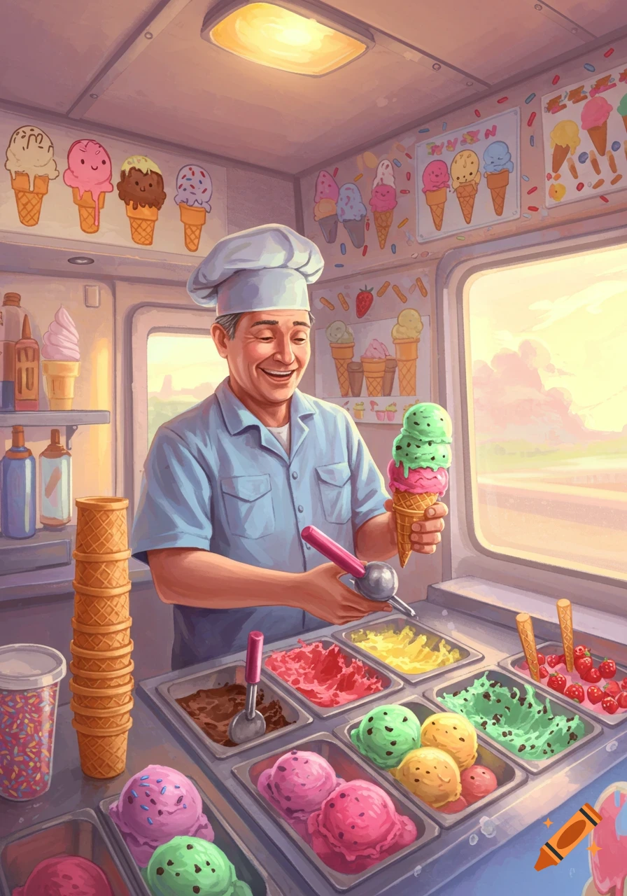 Smiling ice cream vendor holds a cone in a colorful ice cream truck illustration