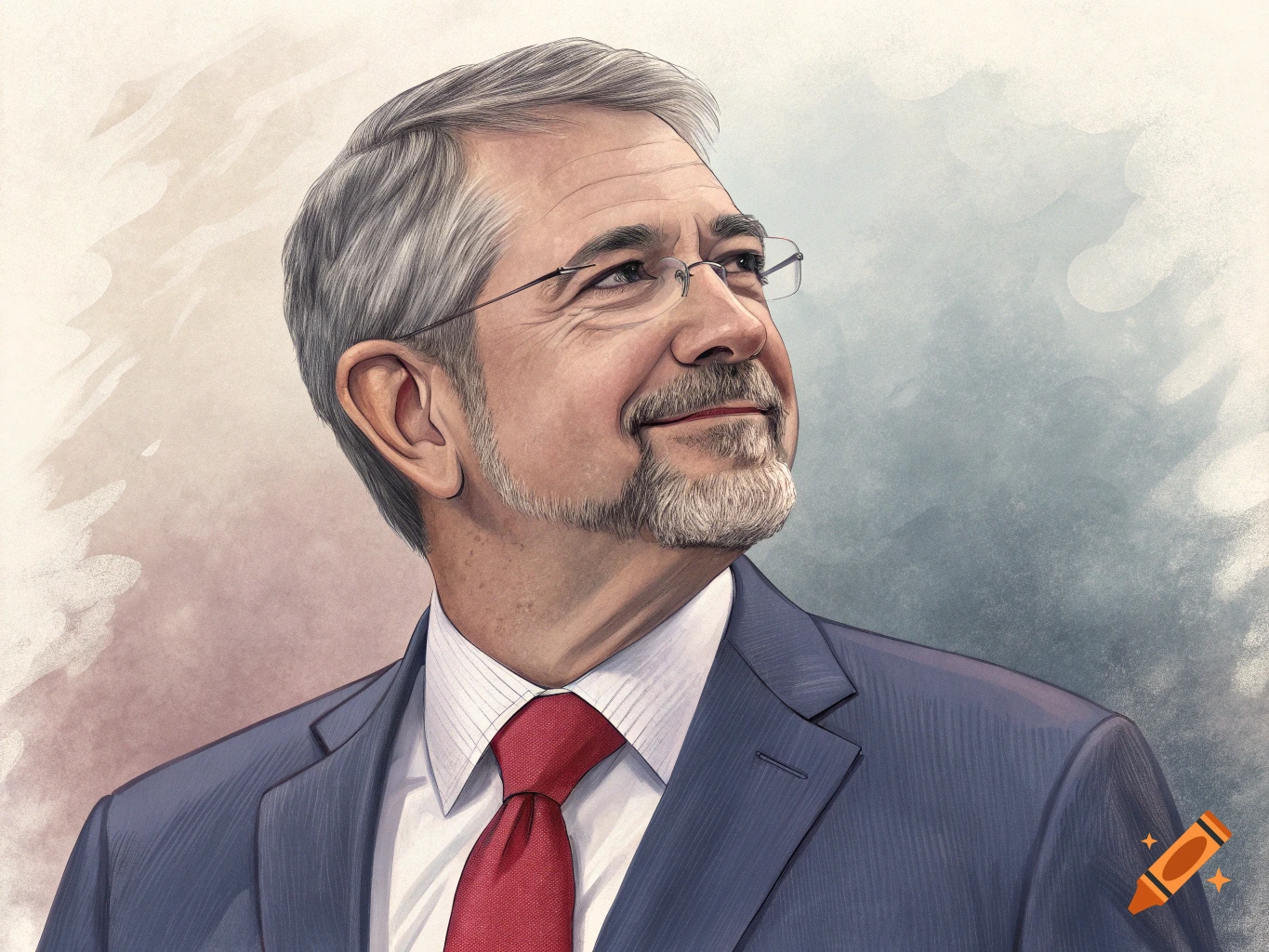 Illustrated portrait of a man in a suit and red tie looking up