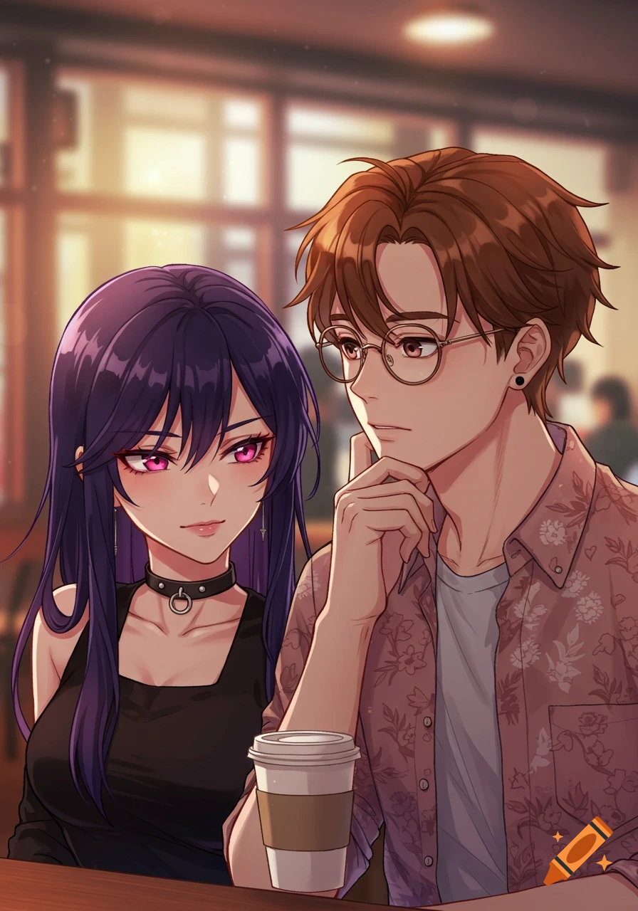 Anime couple sitting at a cafe table.