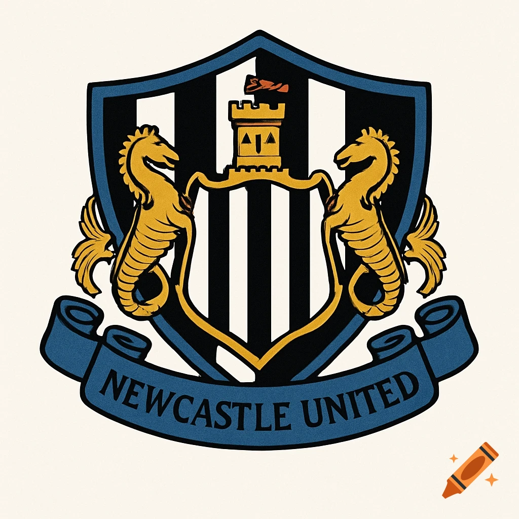 A crest logo featuring a castle, two seahorses, stripes, and a banner reading "NEWCASTLE UNITED".