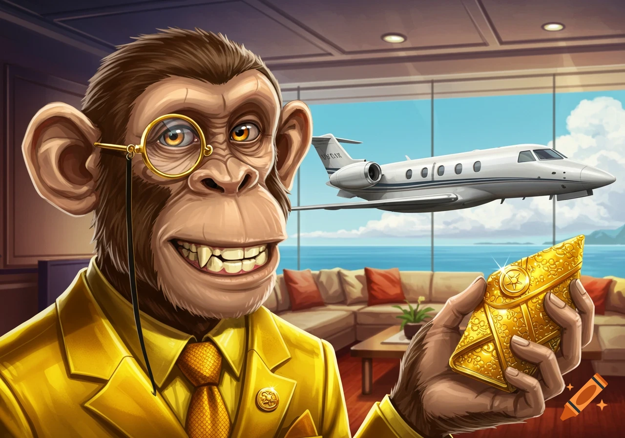 Cartoon monkey in a suit and monocle holds a gold bar in a luxurious room with a private jet outside