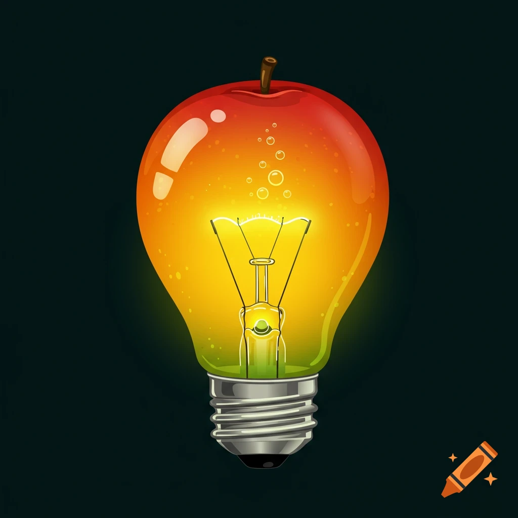 A stylized mango shaped like a glowing lightbulb on a dark background.