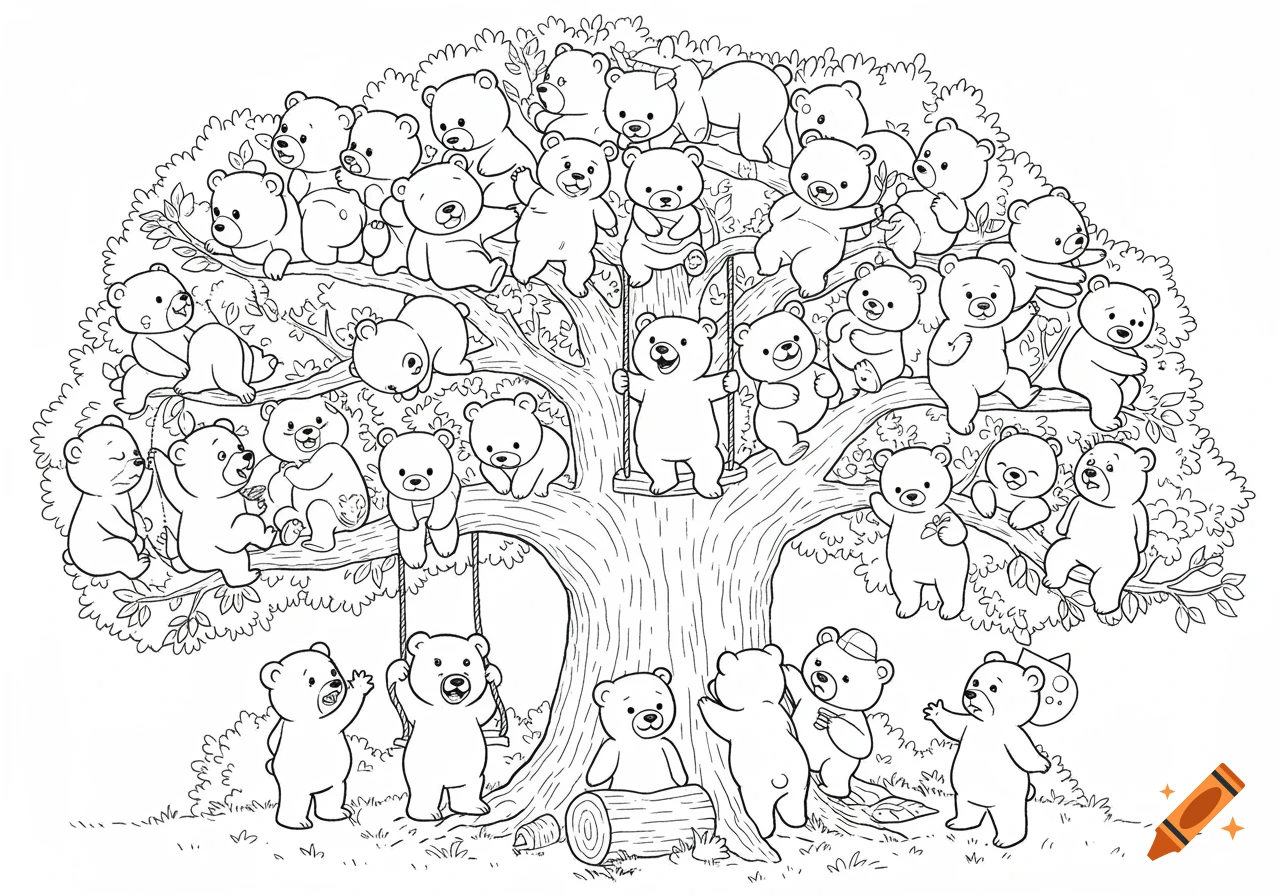 Black and white line art coloring page of cartoon bears in a tree