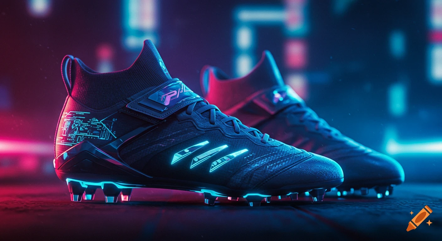Pair of futuristic cleats glowing with neon blue lights in a dark, neon-lit setting.