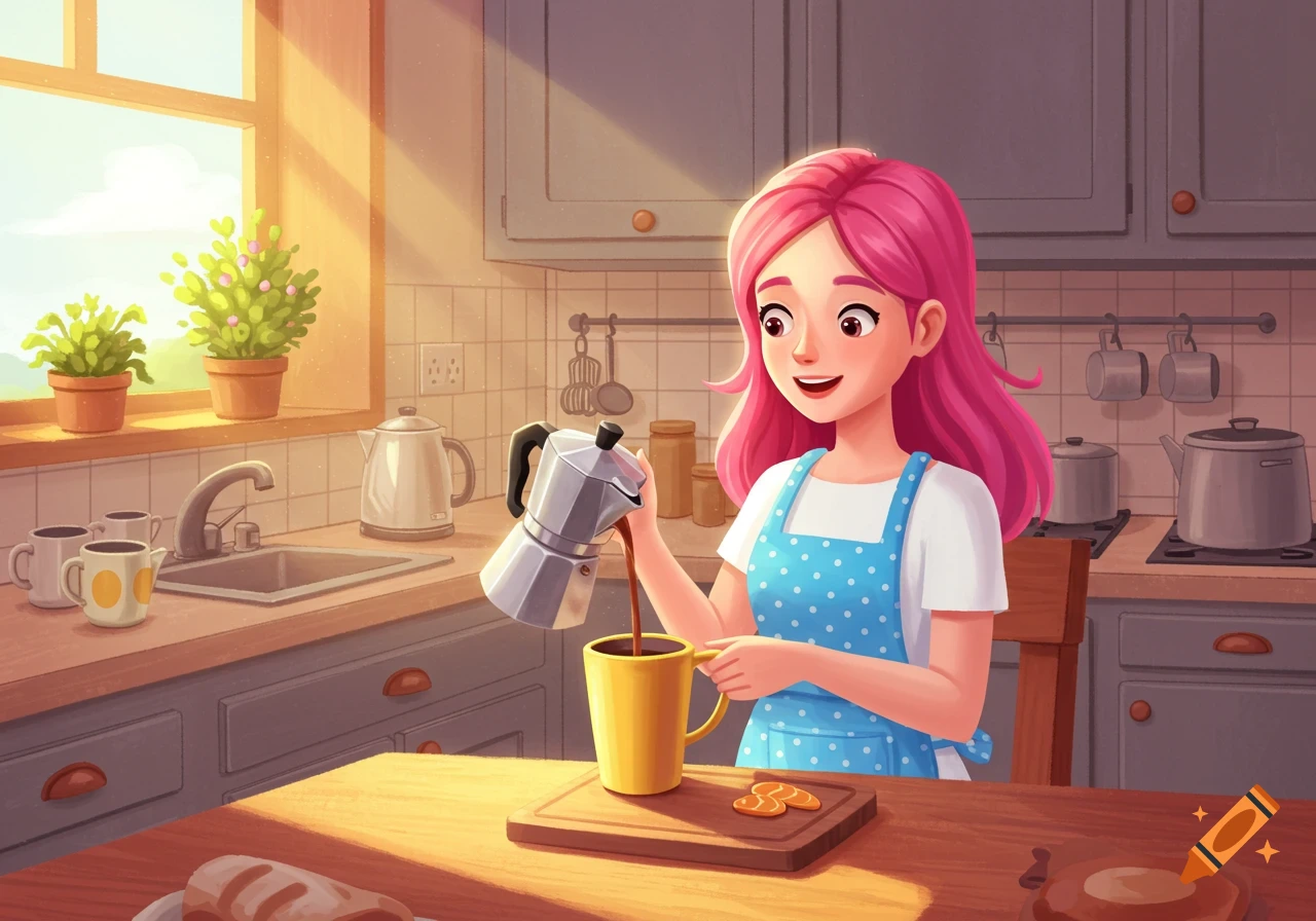 Cartoon woman with pink hair pouring coffee in a sunlit kitchen.