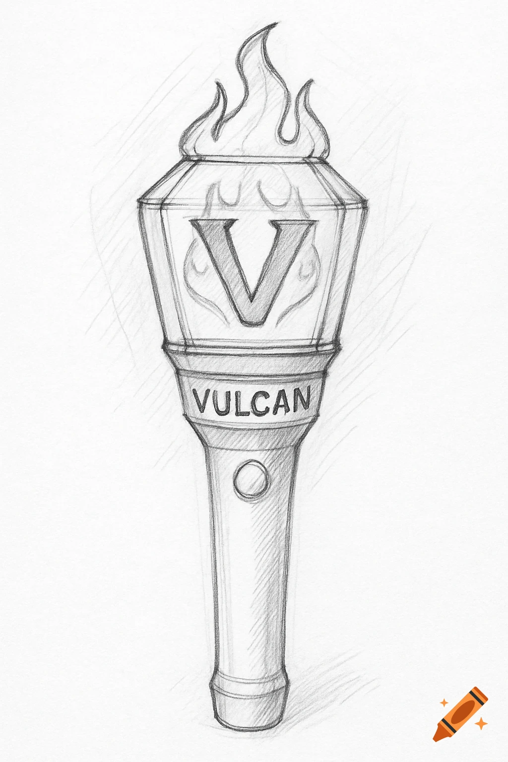 Pencil sketch of a kpop lightstick with a 'V' symbol and the word 'VULCAN'.