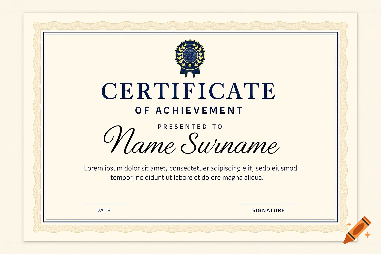 Formal certificate of achievement template with ornate borders and placeholder text.