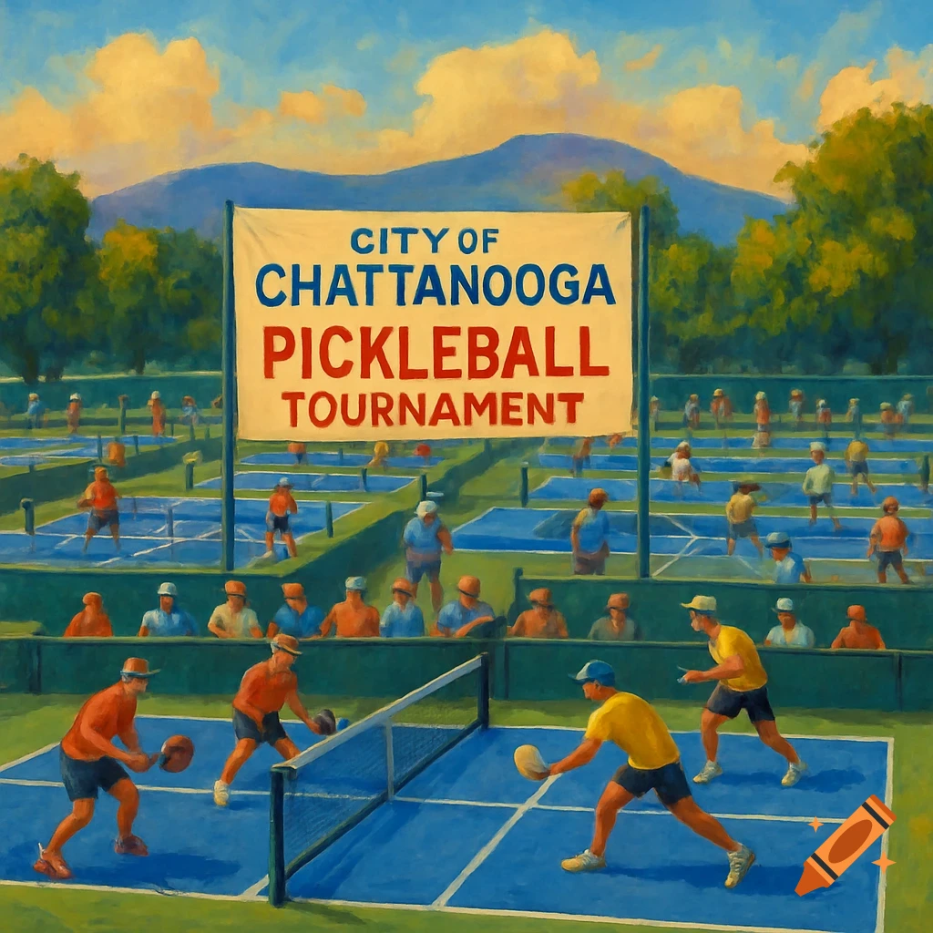 Painterly scene of a pickleball tournament with multiple courts, players, and spectators.
