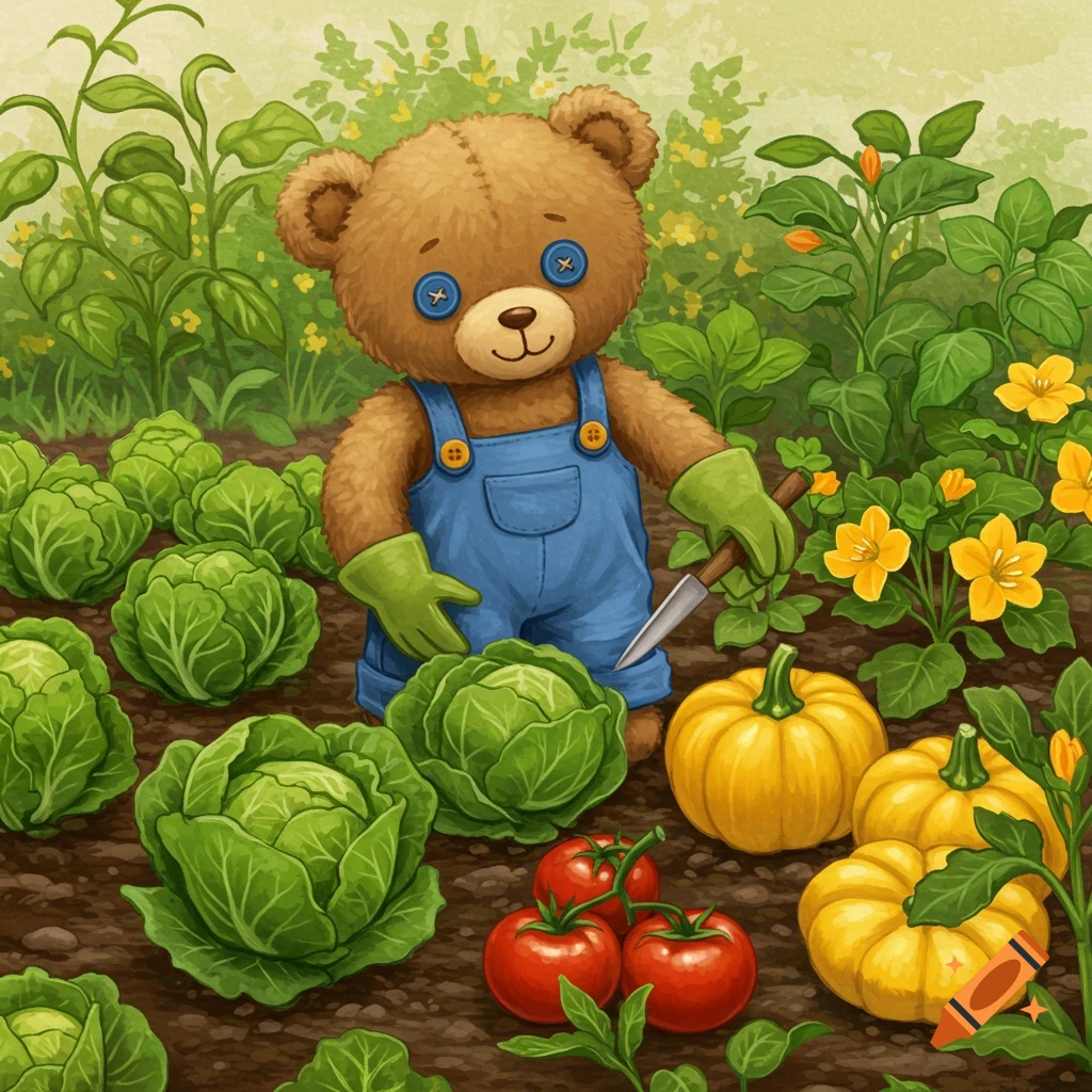 A teddy bear in overalls gardening, harvesting cabbage, pumpkins, and tomatoes.
