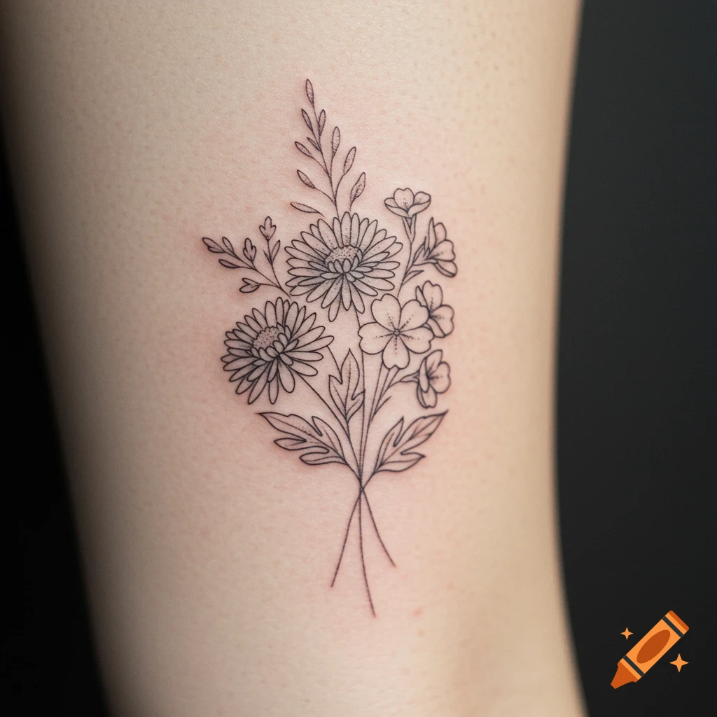 Fine line tattoo of a minimalist chrysanthemum and primrose bouquet
