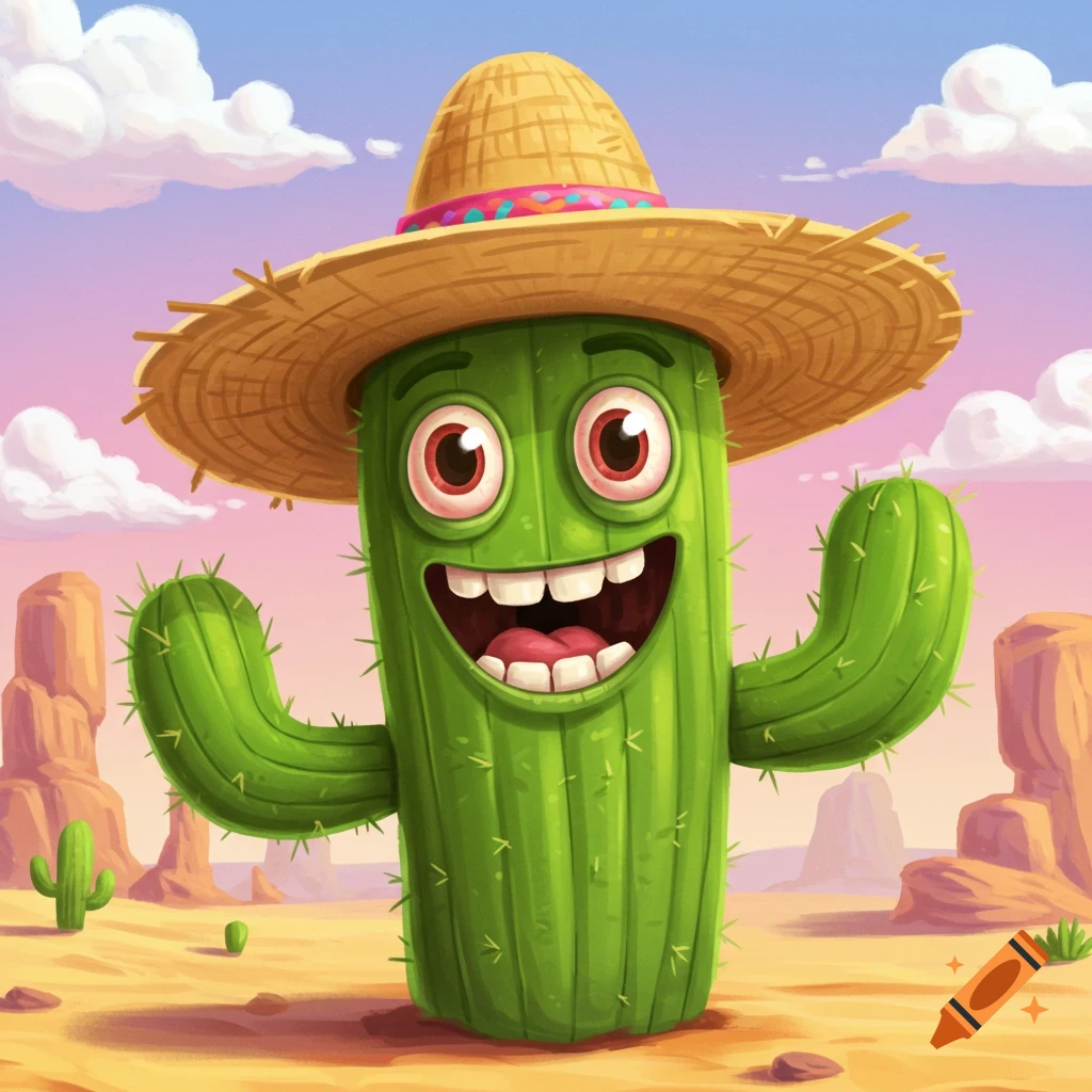 A funny cartoon cactus wearing a sombrero smiles in a desert landscape.